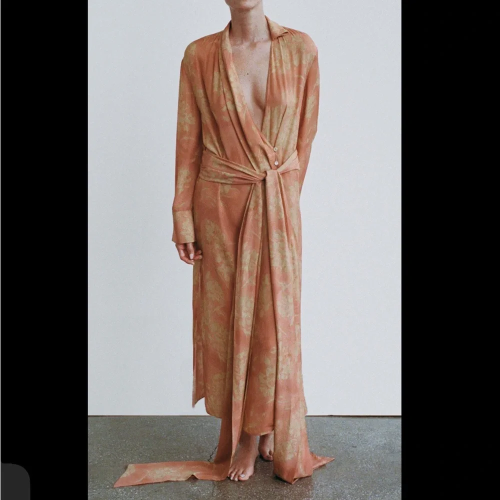 Zara NWT wrap tie floral print kimono maxi dress ZW COLLECTION yellow orange